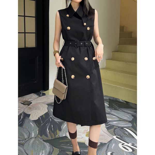 

8.21 temperament fashion plaid lining double breasted with belt sleeveless midi trench coat women, Tan;black