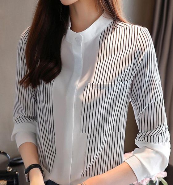 

long sleeve women blouses shirts blouse women blusas mujer de moda 2020 black striped chiffon blouse shirt blusa d4315449711, White