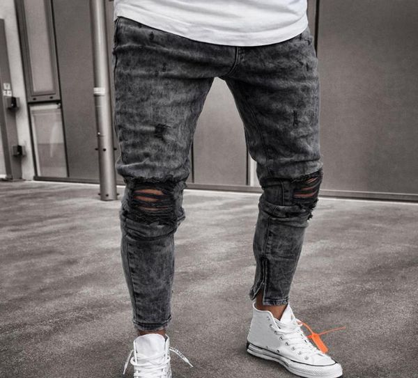 

mens skinny stretch denim pants distressed ripped freyed slim fit jeans trousers harajuku sweatpant hip hop trousers ls 12178254819, Black