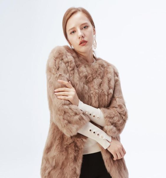 

ethel anderson 100 real rabbit fur coat women039s oneck long rabbit fur jacket 34 sleeves vintage style leather fur outwear 7100241, Black