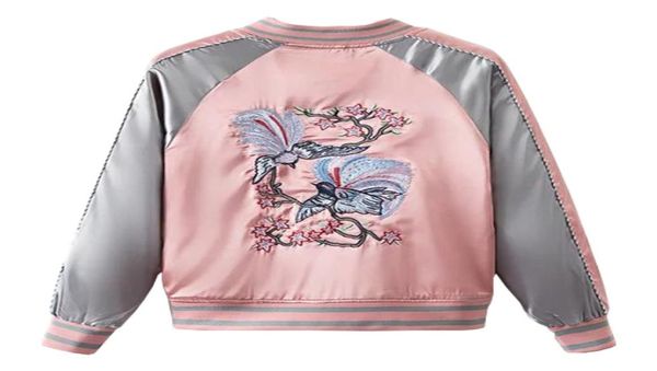 

floral birds embroidery souvenir bomber jacket women baseball pocket harajuku pink contrast satin duster coat sukajan7710640, Black;brown