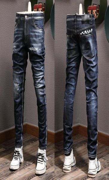 

new cool guy painted denim cotton jeans distressed faded cowboy trousers5511120, Blue