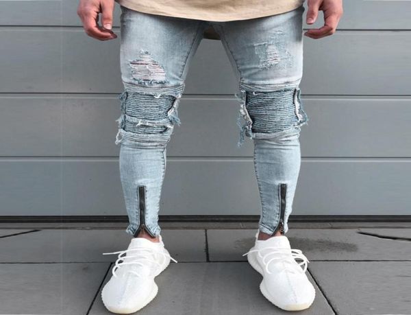 

summer long pencil pants ripped jeans mens ripped slim fit motorcycle vintage denim jeans hiphop streetwear pants9203641, Blue