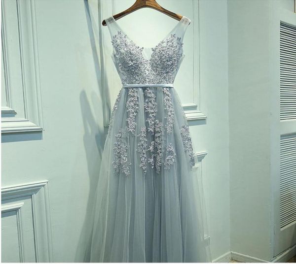 

elegant dusty blue long tulle prom dress aline appliques beaded v neck homecoming dress graduation dress for party sheer straps p3105256, Blue;pink