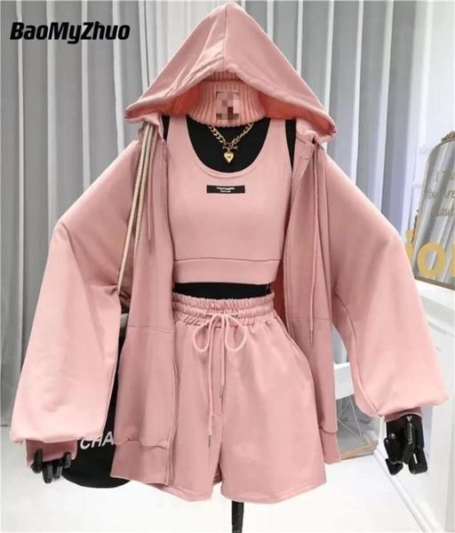 

casual shorts three 3 piece sets women vest drawstring shorts hooded zipper jacket sportswear suits female solid sports hoodie 2209637974, White