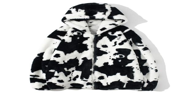 

men streetwear cow print zipper cardigan hooded coats autumn winter harajuku loose couple coat outwear hoodie lambswool jacket 2012326081, Black;brown