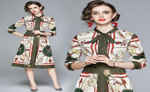 

boutique lady dress long sleeve highend printed bow dress 2021 spring autumn pleated dress temperament womens dresses1295870, White;black