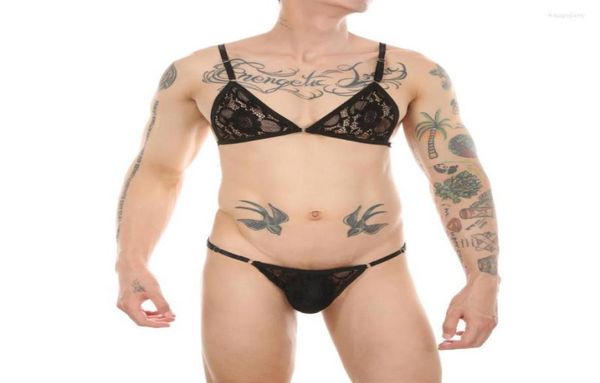 

bras sets clever-menmode mens lace lingerie panties set two piece dresser underwear spaghetti strap bra with thong adjustable6587960, Red;black