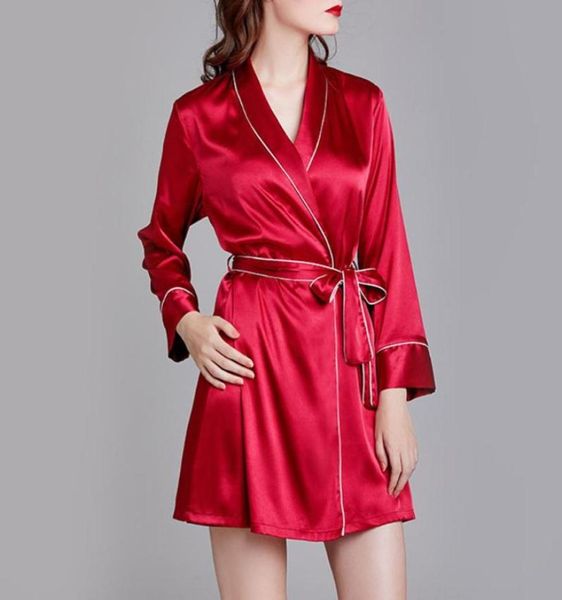 

women039s sleepwear robe sets pajamas ice silk sleeveless sling long sleeve night wear dress nighties autumn solid lingere3894887, Black;red