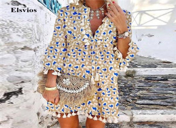 

2022 summer v neck tassel beach dress spring vintage floral print 34 sleeve women casual loose aline vestido6530315, Black;gray