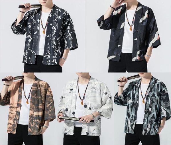 

men039s jackets sinicism store men print kimono casual 2021 mens thin japan jacket chinese style summer male open stitch clothi7471595, Black;brown