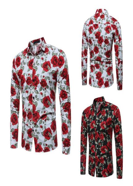 

2018 new mens long sleeve shirts floral printed large size slim fit shirts rose pattern casual single breasted shirt for spring an6042890, White;black