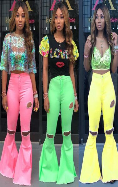 

3 colors holes ripped women girls jeans candy colors denim high waist flare jeans bell bottom casual pants full length summ7056202, Blue