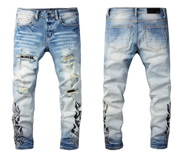 

2021 mens jeans distressed motorcycle biker jean rock skinny slim ripped hole letter uality brand hip hop denim pants 8352496925, Blue