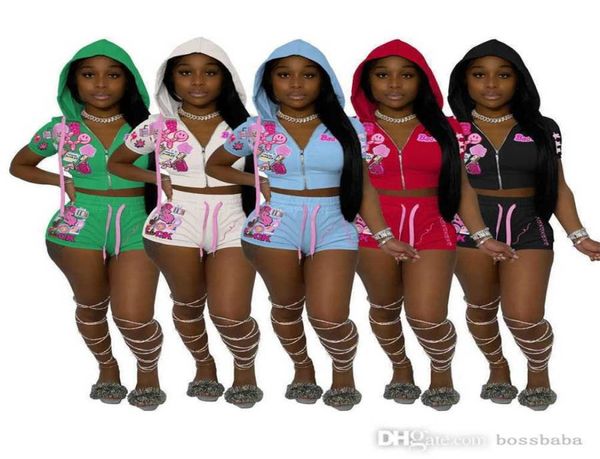 

women tracksuits two pieces set designer summer pull chain hooded short sleeve shorts popular print set sportwear 5 colours6854253, Gray