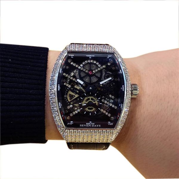 

new saratoge vanguard v 45 t sqt black hollow skeleton dial automatic mens watch diamond case bezel leather rubber strap gen258e, Slivery;brown