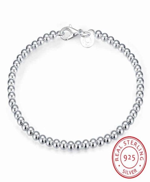 

100 925 solid real sterling silver fashion 4mm beads ball chain bracelet 20cm for teen girls lady gift women fine jewelry4279337, Golden;silver