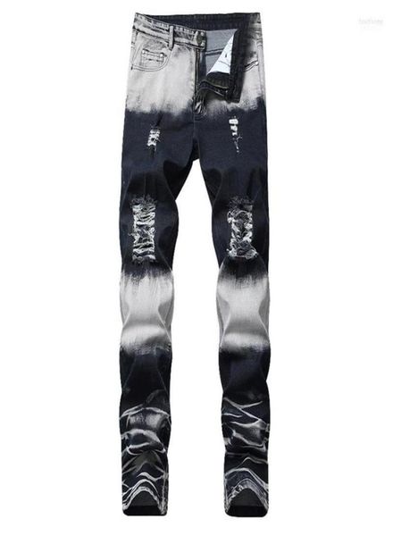 

straight brand men ripped jeans trousers fashion design denim pants retro hole personality jeans19040471, Blue
