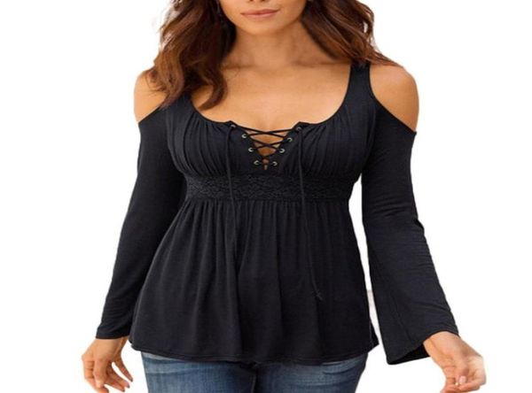 

plus size womens and blouses vneck lace up dew shoulder shirts off shoulder long sleeve blouses bandage tunic645896, White