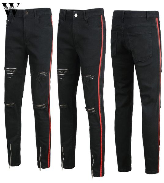 

womail pant men stretchy black skinny jeans hole pure color slim fit denim vintage denim pants zipper jean 2019 j728137224, Blue