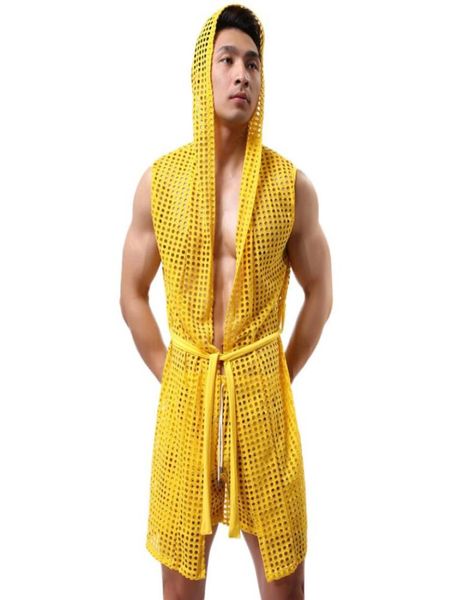 

whole1pcs men robe bathrobe brand men pajamas long set mens sleepwear sheer mesh gay wear men sleep lounge kimono for ma5939557, Black;brown