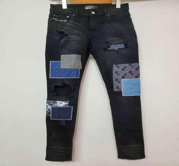 

arrival am mens designer jeans fashion denim high street elastic patchwork ancient quality spliced ripped biker pant us size5787662, Blue