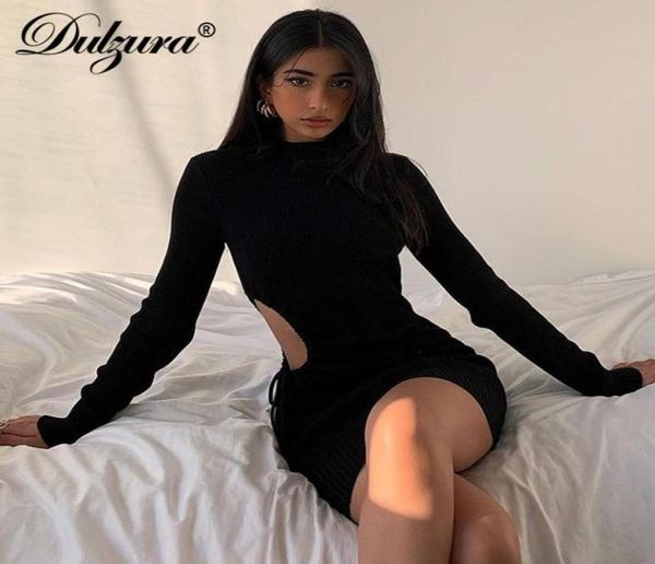 

women long sleeve mini dress dulzura stripe knitted hollow out drawstring ruched bodycon streetwear 2021 autumn winter club c2111774, Black;gray