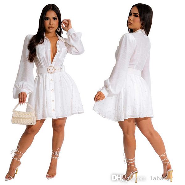 

women dress shirt long sleeve turn-down collar pearl beading with sashes shirts dress 2023 autumn street fashion dresses for woman, Black;gray