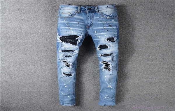 

classic printed embroidery designer mens jeans motorcycle hole luxury denim men039s fashion street wear men pants6704878, Blue