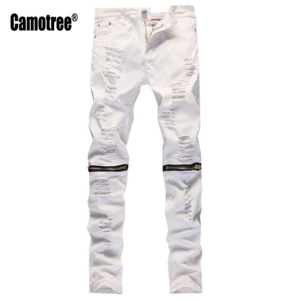 

whole mens designer slim white ripped holes jeans pants skinny biker distressed jeans knee zipper design streetwear1447629, Blue