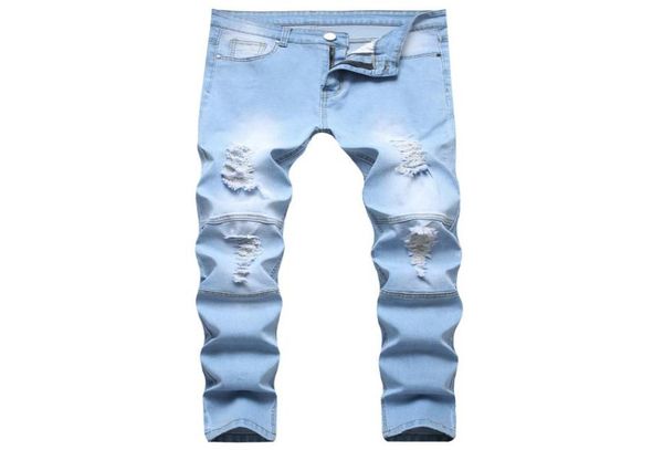 

men039s jeans man white mid high waist stretch denim pants ripped slim skinny fold for men jean casual fashion personality pant7283028, Blue
