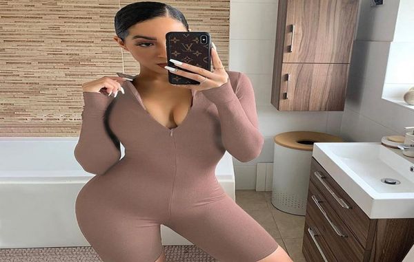 

solid color zipper playsuit women 2020 summer new skinny longsleeved sports jumpsuit shorts2702747, Black;white