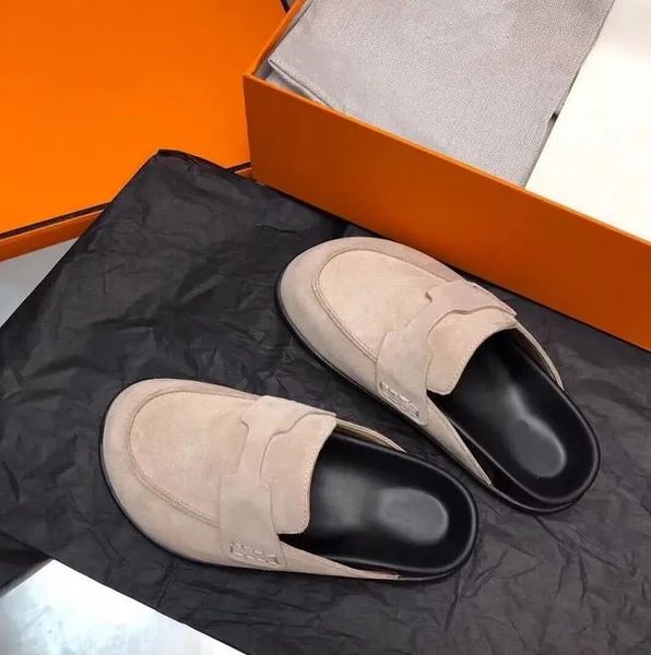 

23 desginer genuine leather women's go mules loafers suede autumn winter casual shoes half flip flops on slipper flats with box eu35-41, Black