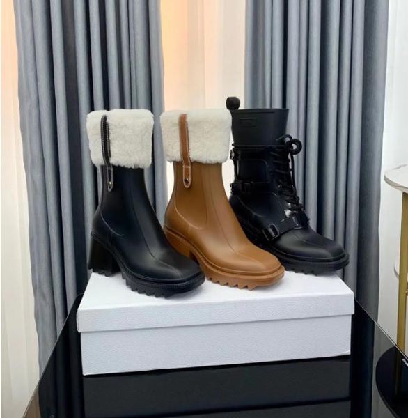 

betty boots designer autumn and winter women boots luxury rubber leather caoutchouc sheepskin hair rain boots high-quality fashion outdoors, Black