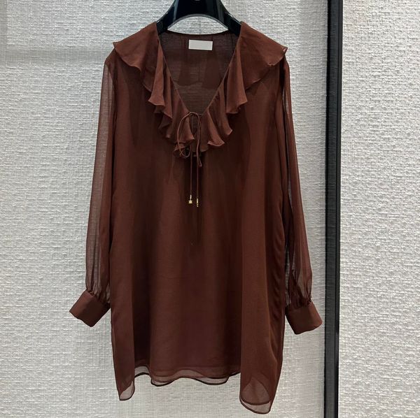 

european fashion brand chocolate brown silk long sleeve blouses, White