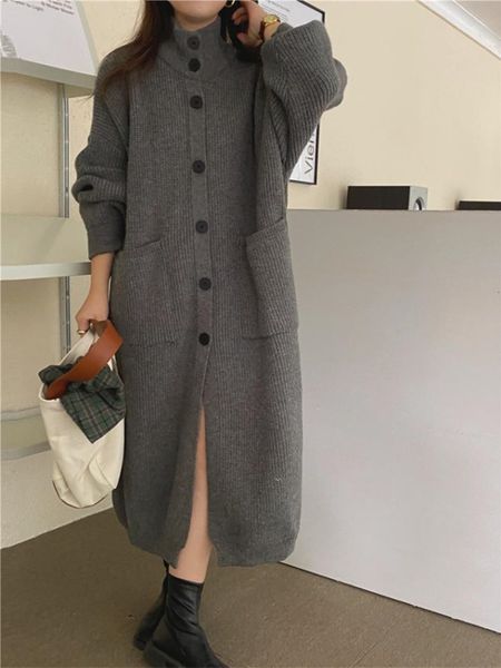 

womens wool blends korean fashion mid length knitted single breasted coat autumn elegant warmth thickened style 230818, Black
