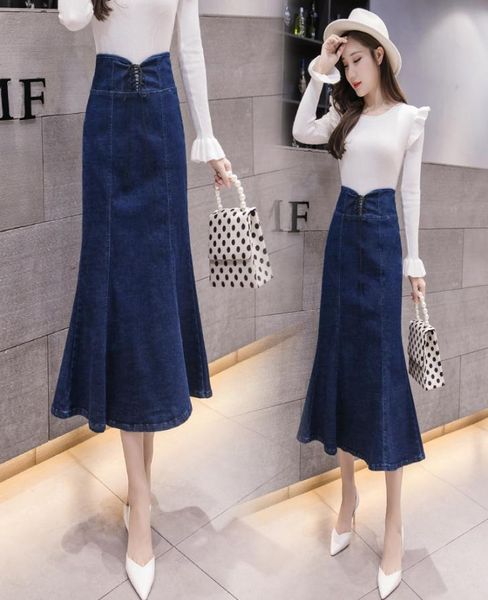 

jeans skirt long denim women 2019 high waist slim maxi mermaid skirts for women laceup plus size long denim skirt women3359502, Black