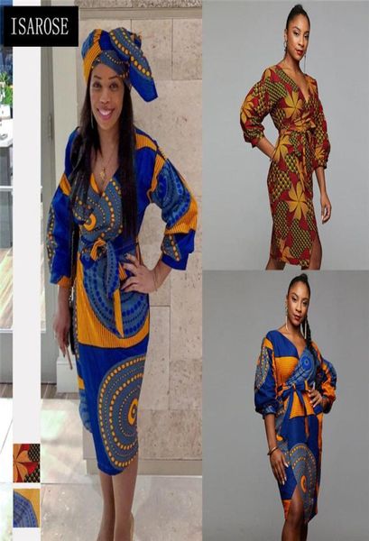 

isarose african dashiki dress v neck belted slit rich print bazin high waistline plus size office lady women daily clothing2886753, Black;gray