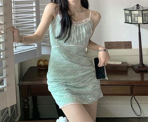 

elegant vintage dres lace folds slim mini camisole dress evening party summer dress korea kawaii thin 2205181654035, Black;gray