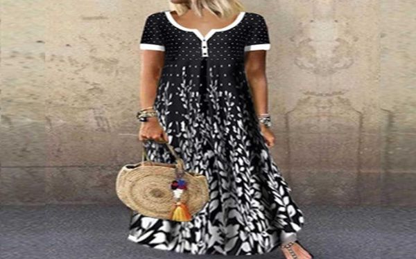 

casual women position print long dress summer short sleeve vneck dresses ladies loose beach maxi dress vestidos plus size q07076015233, Black;gray