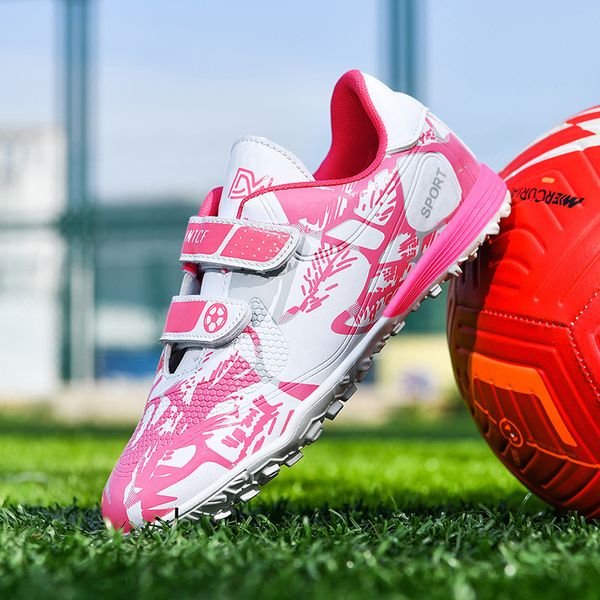 

athletic outdoor fashion pink children's football shoes hook and loop boys girls training soccer cleats kids soccer shoes futsal sneake, Black