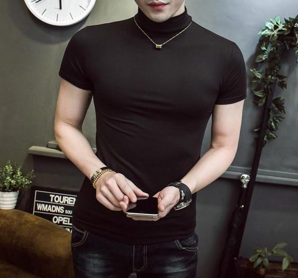 

men short sleeve turtleneck slim fit tshirt male solid black white tees shirts lovers tshirt6578580, White;black