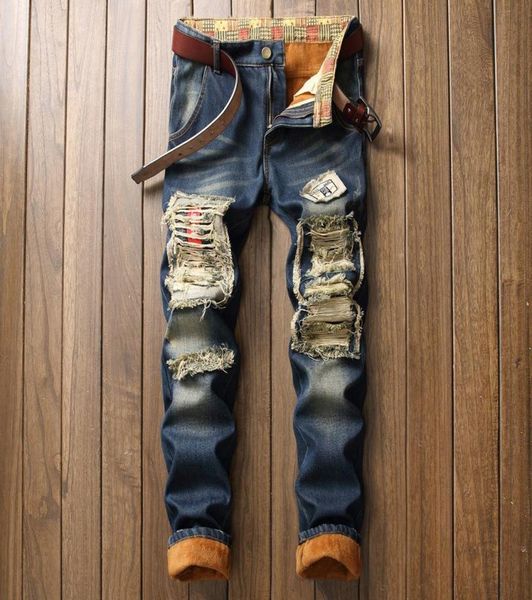 

selling men039s winter warm jeans pants fleece destroyed ripped denim trousers thick thermal distressed biker jeans for men8045636, Blue