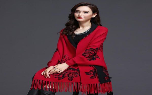 

7color women039s shawl cape dualuse scarf coloful outwear autumn winter loose knit cardigan lady039s sweater cloak thicken8787859, Black