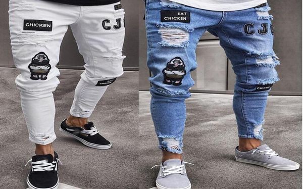 

us popular eat chicken blue white men skinny pencil jeans punk streetwear hiphop slim ripped hole badge men long pants trousers8963335