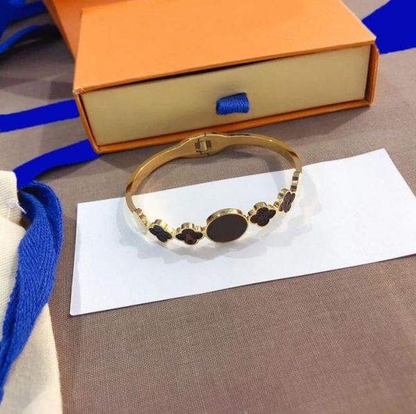 

23ss fashion designers men women leather bangle bracelet 18k gold classics brand plated flower v letter bucket stainless steel jew7116497, Black