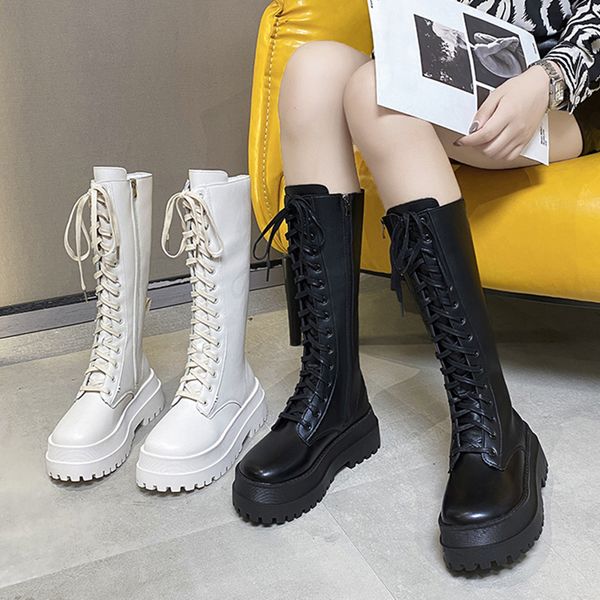 

boots chunky platform punk boots women thick bottom knee high boots woman autumn winter fashion pu leather motorcycle botas mujer 230821, Black