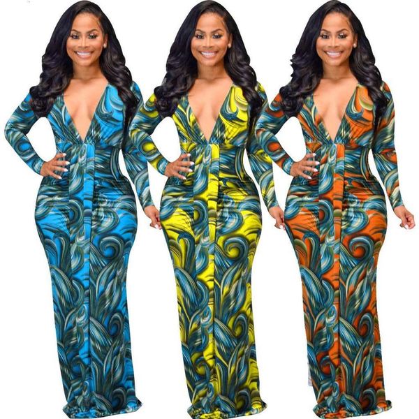 

item title fashion digital print long sleeved v neck women dress, Black;gray