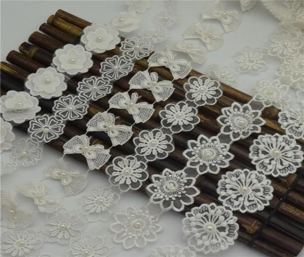 

14.5yards cream white beaded pearls rhines flower layers glitter tullelace ribbon applique trim venise sewing on craft8246566, Black