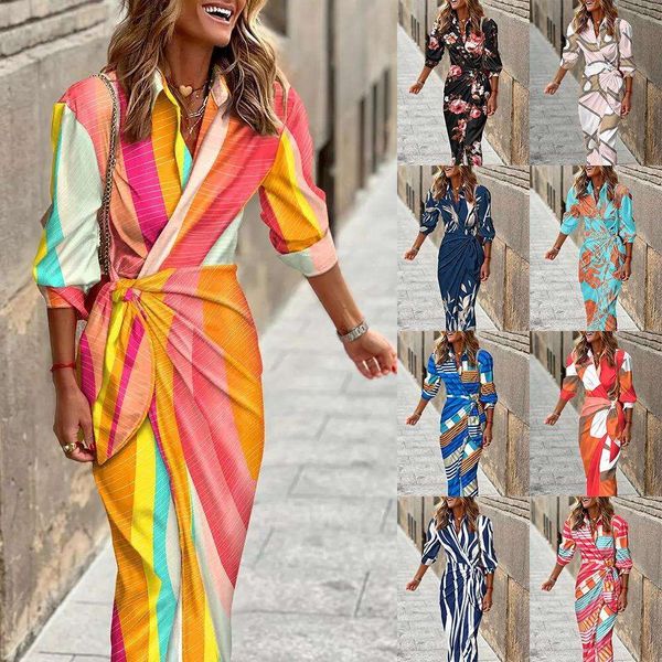 

womens clothing items fashionably print shirt collar lace mid long striped dress, Black;gray